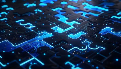 Poster - 3D rendering of blue glowing puzzle pieces fitting together on a black background with digital circuit patterns
