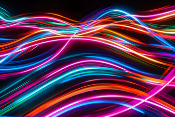 Wall Mural - Electric neon lines blending into each other in a mesmerizing pattern. Striking design on black background.