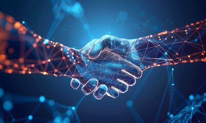 Poster - Abstract digital handshake on a blue background, symbolizing a business partnership and technological connection in the form of futuristic polygonal mesh lines with a glowing effect, in the style of p