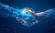 © graphito - Abstract digital handshake on a blue background, symbolizing a business partnership and technological connection in the form of futuristic polygonal mesh lines with a glowing effect, in the style of p
