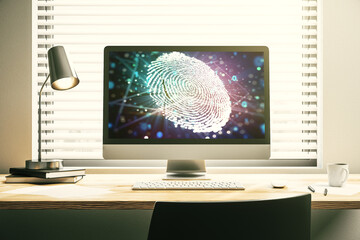 Poster - Modern computer display with abstract graphic fingerprint sketch, fingerprint scan data concept. 3D Rendering
