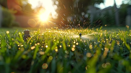 A closeup of an intricate sprinkler spraying water on lush green grass, with sunlight casting long shadows and highlighting  in both the watering system and the vibrant greens of the lawn.