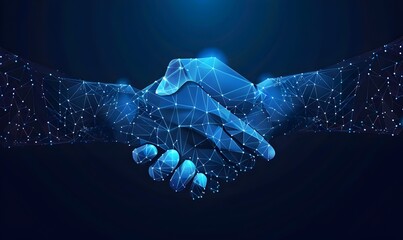 Poster - Abstract handshake in blue light on dark background, technology and business concept vector illustration
