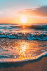Wall Mural - the sun is setting over the ocean, casting a warm glow on the water