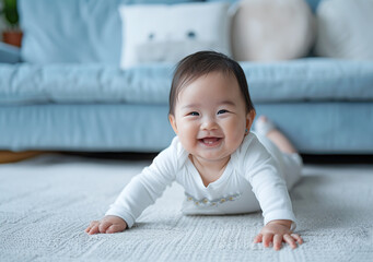 a baby is smiling and laying on the floor in the lounge