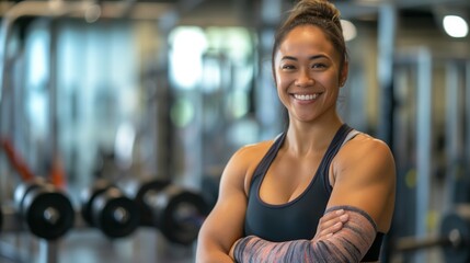 Wall Mural - Confident Pacific Islander Female Fitness Trainer Smiling in Gym Environment, Ideal for Health and Wellness Stock Photos