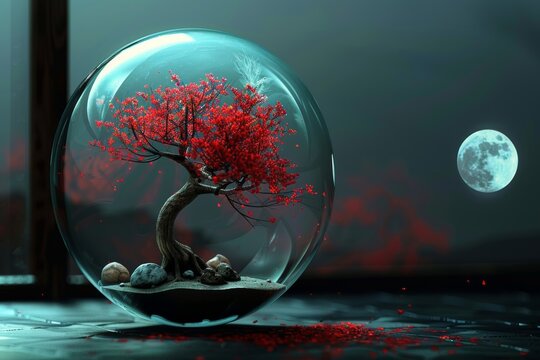 A red bonsai tree inside an all glass sphere, the sky is blue and white with a full moon in it.