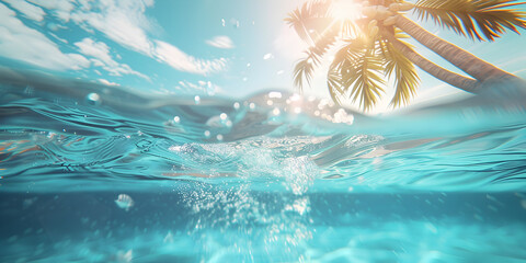 Underwater photo of the inside of the sea with sunrays and palm tree which can bee seen on surface through the water, clear blue tone, summer vibes