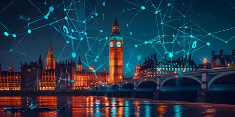 Wall Mural - England telecommunication and data transfer networks with global internet connectivity for communication technology. Includes IoT, finance, business, blockchain, and security