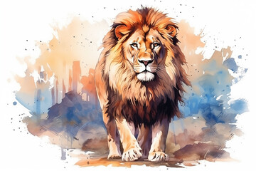 lion walking forward on a white background with watercolor splashes. watercolor style