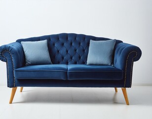Poster - Dark blue suede couch on wooden legs white background