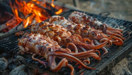 Flaming Grill: Traditional Cooking of a Giant Squid - Seafood Delight