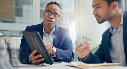 Aufkleber - Teamwork, tablet and business people in meeting with notes for info, planning and investment in office. Collaboration, bankers and paper for strategy in workplace for project and corporate policy