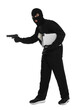 © New Africa - Thief in balaclava with gun and briefcase of money on white background