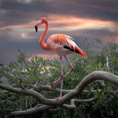 Sticker - AI-generated image of a Pink and black flamingo perched on a bent tree branch