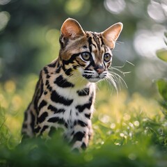 Poster - AI generated illustration of A Margay standing on grassy ground near trees