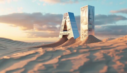 A series of floating metal letters spelling 'AI' on an abstract desert landscape, with soft clouds