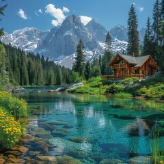 Sticker - AI generated illustration of a mountain landscape features a clear blue lake and a distant cabin