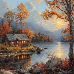 Poster - AI generated illustration of a peaceful autumn scene features a cozy cabin by a tranquil lake