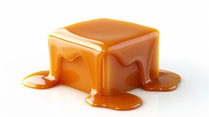 Melting Caramel Cube on White Background, Generative AI