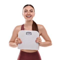 Poster - Happy woman with floor scale on white background