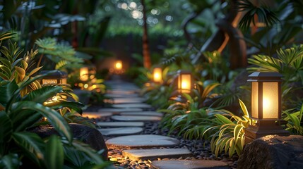 A group of solar LED landscape lights illuminate the pathway in an outdoor garden at night, creating a warm and inviting atmosphere with soft light casting gentle shadows paths and lush greenery.