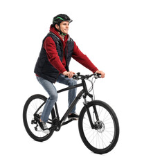 Poster - Smiling man in helmet riding bicycle on white background