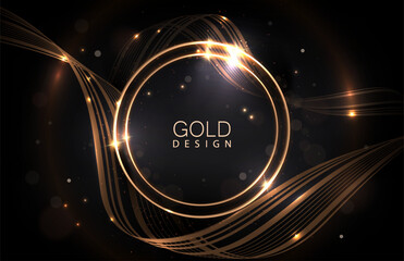Wall Mural - Composition with a wavy pattern and a round frame in a gold, copper tone on a black background.