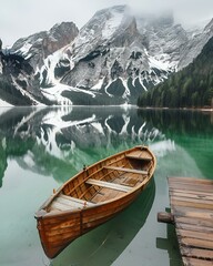 Sticker - AI generated illustration of a boat on water with mountain reflection