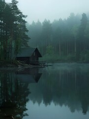 Poster - AI generated illustration of a cabin nestled on the lake shore in a forested setting