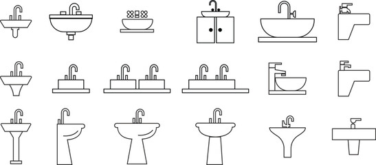 Poster - Kitchen Washbasin line icons Set. Sink with tap, Bathroom symbols, Kitchen furniture signs editable stock for mobile concept, web design. Sink cleaning vector in trendy style on transparent background