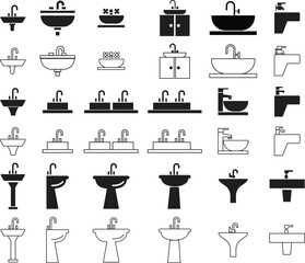 Poster - Kitchen Washbasin flat, line icons Set. Sink with tap, Bathroom symbols, Kitchen furniture signs editable stock for mobile concept, web design. Sink cleaning in trendy style on transparent background.