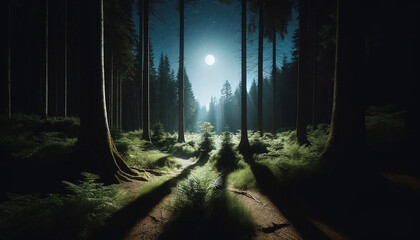 Sticker - AI generated illustration of a tranquil forest clearing bathed in the soft glow of moonlight