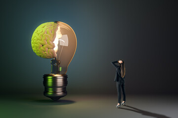 Aufkleber - Young woman looking at half brain half light bulb in dark concrete interior. Machine learning concept.
