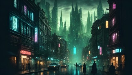 Poster - AI generated illustration of two men stroll through a rainy alien city at night