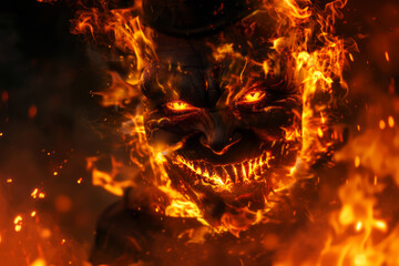 Wall Mural - Close-up of a scary fire wizard's face illuminated by flames with glowing eyes and fiery background