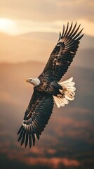 Sticker - Majestic eagle soars over sunset-lit mountains with a stunning cloud backdrop
