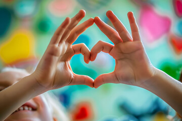 Close-up of children's hands making a heart symbol playfully against a colorful background