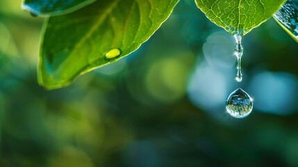 Wall Mural - A close-up photo of a water droplet hanging from a green leaf. The droplet is perfectly round and reflects the surrounding foliage