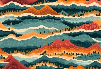 Sticker - AI-generated painting of Landscape with varying shades of mountains, trees, and clouds