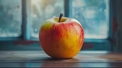 Poster - AI-generated illustration of a fresh apple on a wooden table by the window