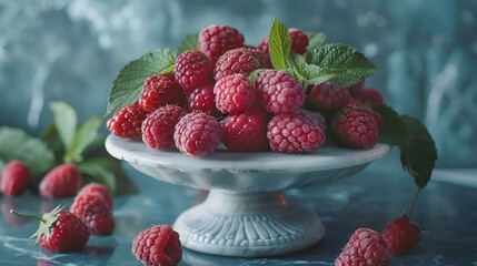 Canvas Print - AI generated illustration of fresh raspberries in a bowl on a table