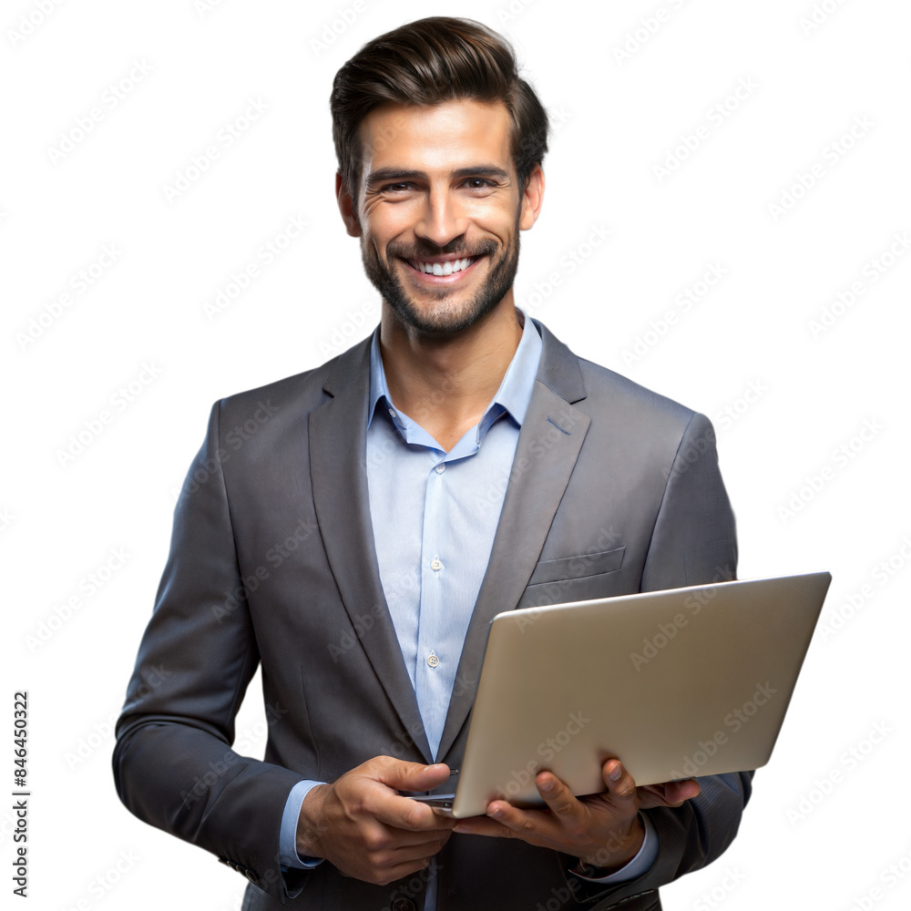 Confident Businessman Holding Laptop On Transparent Background Stock