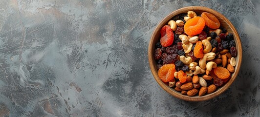 Wall Mural - Dried fruits and nuts on a beige ceramic table. Mixture of nuts, apricots and raisins in a wooden bowl. Copy space. 
