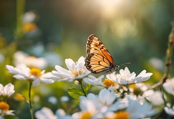 Canvas Print - an orange monarch butterfly rests on a flower, at sunrise