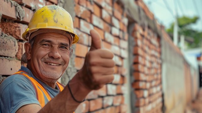 The skilled bricklayer, wearing a hard hat and safety vest, gave a confident thumbs up, showcasing his good and professional work in construction, symbolizing quality craftsmanship and
