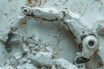 Poster - a robotic arm building a stone wall. concept of technology vs. tradition. generative ai.