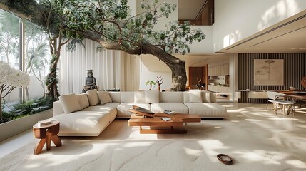 Discuss the charming tree decorations that add a touch of nature-inspired beauty to this contemporary interior design