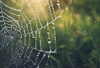 Wall Mural - a dew covered spider web in a grassy field at sunset