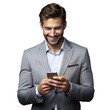 © Mustafa - Smiling businessman using smartphone on transparent background